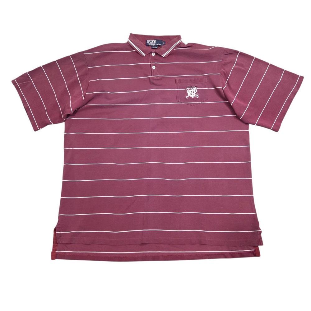 Polo Ralph Lauren Vintage‎ Mens Polo Shirt Maroon Striped Made In USA Button XL